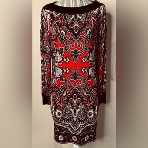 Cache  Elegant Damask Bodycon Colorful Stretchy Knit Rib Trim Dress XL